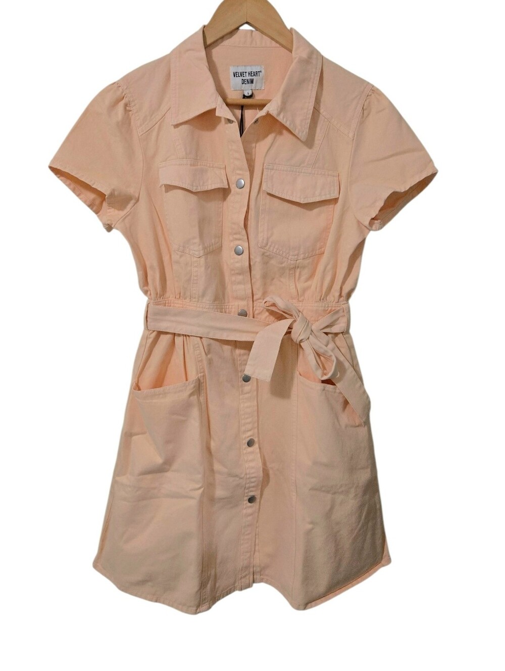 Velvet Heart Denim Fonda Snap Front Belted Utility Shirtdress Apricot XS-S